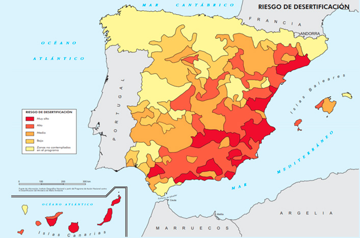 mapa de comunidades españolas en riesgo de desertificación